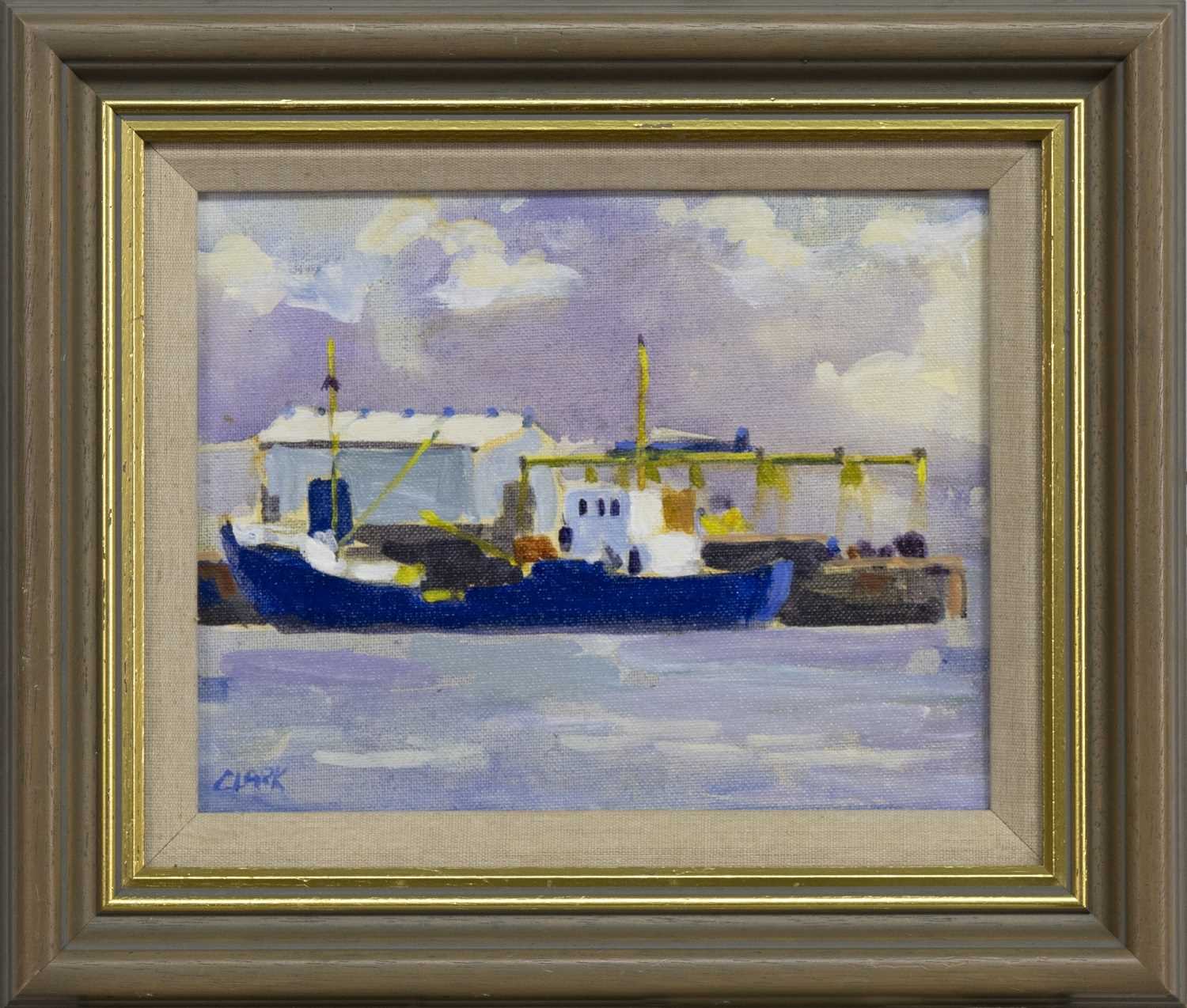Lot 144 - BLUE SHIP, GREENOCK, AN ACRYLIC BY LINDA CLARK