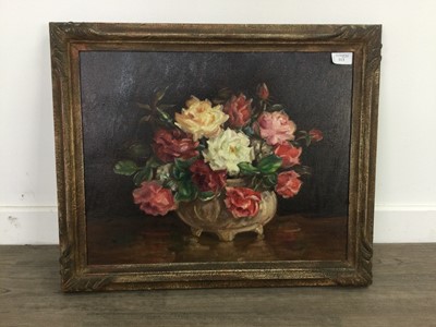 Lot 313 - STILL LIFE OF ROSES, AN OIL BY THEO HADDOW