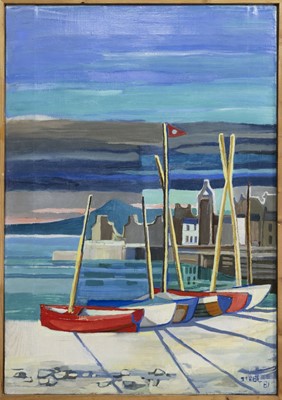 Lot 180 - BOATS AT SHORE, AN OIL BY DOROTHY STEEL