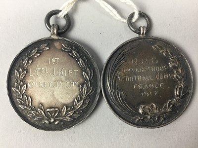 Lot 465 - TWO WWI SILVER MILITARY FOOTBALL MEDALS, ALONG WITH COSTUME JEWELLERY