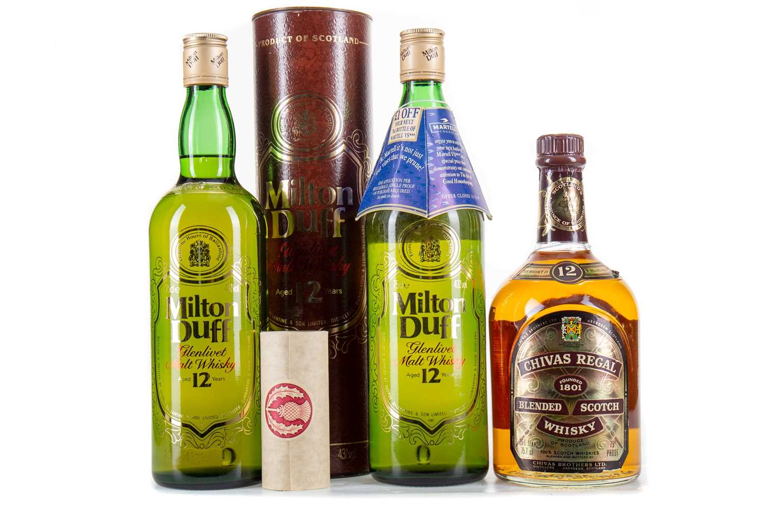 Lot 25 - TWO BOTTLES OF MILTONDUFF-GLENLIVET 12 YEAR OLD 75CL AND CHIVAS REGAL 12 YEAR OLD 26 2/3 FL OZ