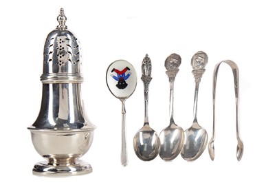 Lot 99 - A GEORGE V SILVER SUGAR CASTER AND FURTHER SPOONS