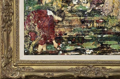 Lot 20 - BY THE LILY POOL, AN OIL BY EDWARD ATKINSON HORNEL