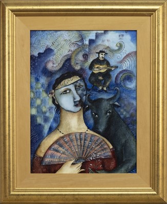 Lot 253 - WOMAN, BARD AND BULL, AN OIL BY A FOLLOWER OF MARC CHAGALL
