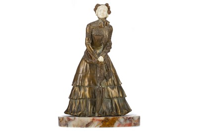 Lot 786 - A LATE 19TH/EARLY 20TH CENTURY CHRYSELEPHANTINE FIGURE OF A LADY BY MARCELLE MIRE