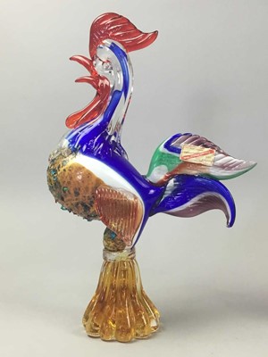 Lot 72 - A MURANO GLASS COCKEREL AND TWO CRANBERRY GLASS EWERS