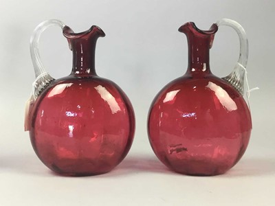 Lot 72 - A MURANO GLASS COCKEREL AND TWO CRANBERRY GLASS EWERS
