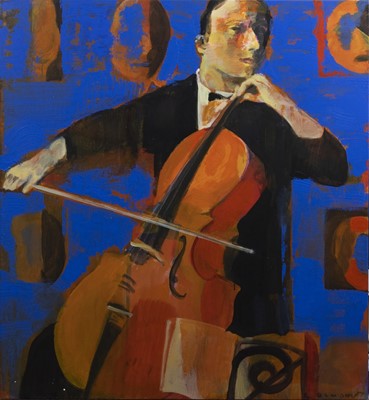 Lot 250 - MUSICIAN, CELLO, AN OIL BY ANDREI BLUDOV