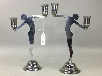 Lot 262 - A PAIR OF CHROMED TWIN BRANCH CANDELABRA OF ART DECO DESIGN