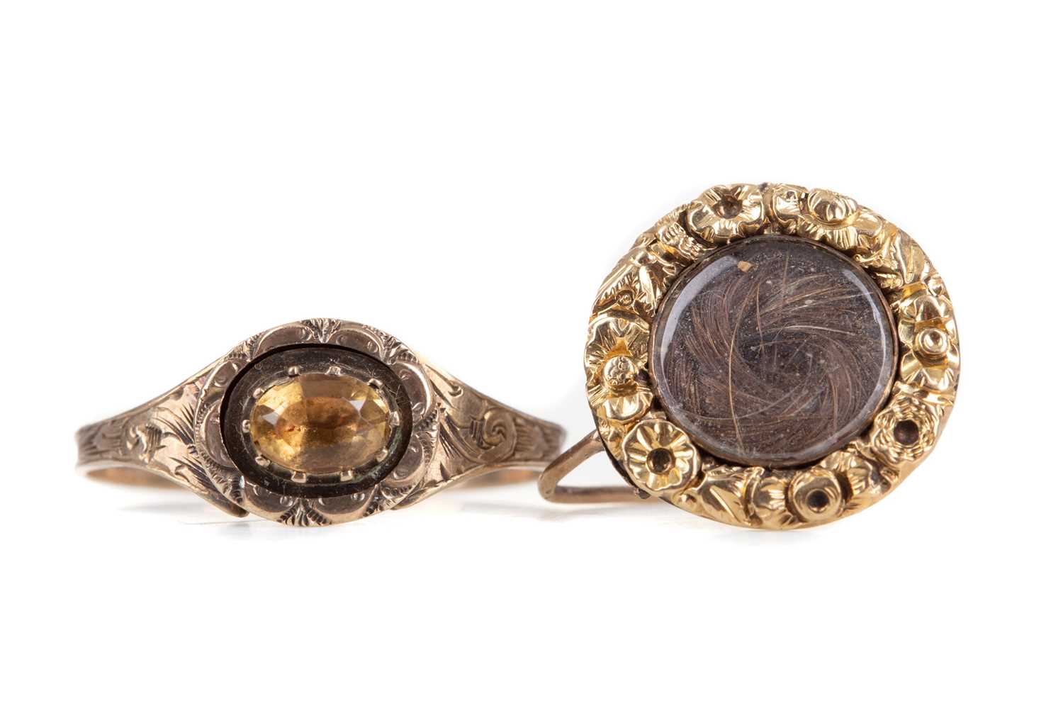 Lot 492 - A GEORGIAN RING ALONG WITH A VICTORIAN HAIRWORK MOURNING BROOCH