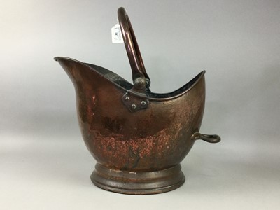 Lot 247 - A COPPER COAL SCUTTLE AND TOOLS