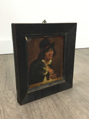 Lot 252 - A SMALL 19TH CENTURY OIL PORTRAIT OF A MAN IN A HAT