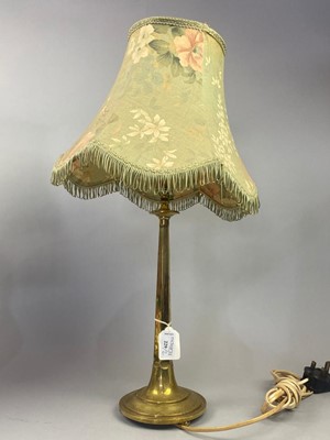 Lot 229 - A PAIR OF BRASS TABLE LAMPS AND SHADES