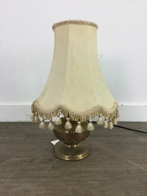 Lot 230 - A BRASS TABLE LAMP, ONYX LAMP AND FOOTSTOOL