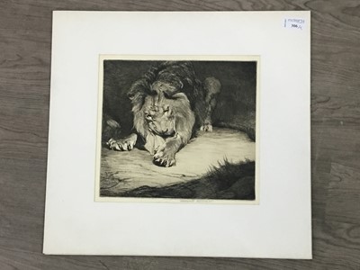 Lot 306 - AN ETCHING AND TWO WOODCUT PRINTS