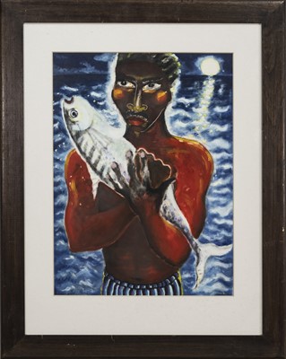 Lot 344 - INDIAN FISHERMAN, A MIXED MEDIA BY CHRISTINE IRONSIDE