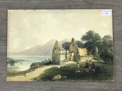 Lot 296 - RUINS BY A LOCH, A WATERCOLOUR