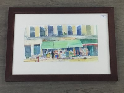 Lot 309 - FRUIT SHOP, A WATERCOLOUR BY COLM DOCHARTY