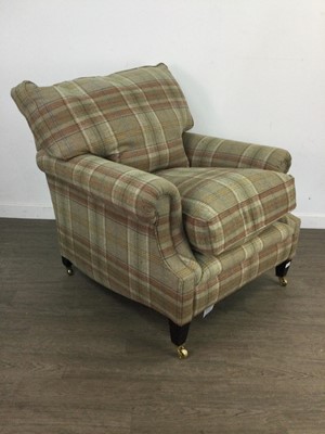 Lot 392 - A TWEED UPHOLSTERED ARMCHAIR AND A SIMILAR ARMCHAIR