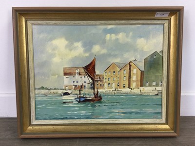 Lot 425 - SAILBOAT AT DOCK, AN OIL BY DEREK SMOOTHY