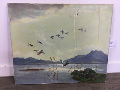 Lot 440 - DUCKS IN FLIGHT, AN OIL BY DONALD SHEARER