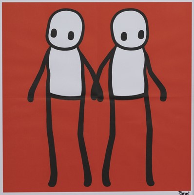Lot 298 - HOLDING HANDS (RED, ORANGE, YELLOW, BLUE & TEAL), LITHOGRAPHS BY STIK
