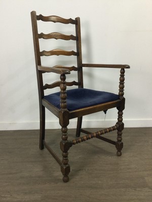 Lot 500 - AN OAK LADDER BACK CHAIR AND TWO WALNUT ARMCHAIRS