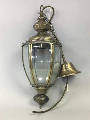 Lot 591 - A BRASS AND GLASS CEILING LANTERN