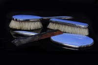 Lot 599 - SILVER AND GUILLOCHE ENAMEL VANITY SET in...