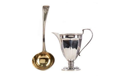 Lot 136 - A GEORGE III SILVER GILT TODDY LADLE AND A LATER CREAM JUG