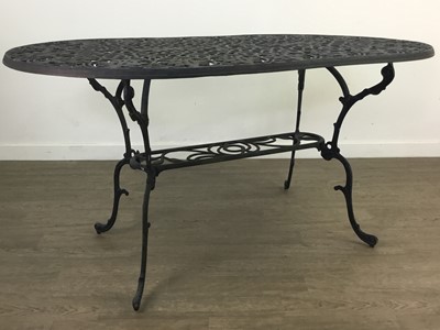 Lot 77 - A PAINTED ALUMINIUM GARDEN TABLE, BENCH, FOUR CHAIRS AND PARASOL BASE