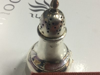 Lot 53 - TWO SILVER PEPPER POTS, ALONG WITH SPOONS