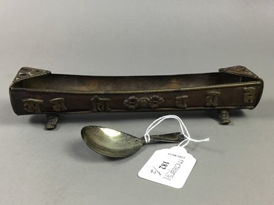 Lot 182 - A MIDDLE EASTERN INCENSE STAND AND A SILVER CADDY SPOON