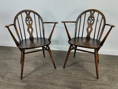 Lot 114 - A PAIR OF ERCOL FLEUR DE LYS ARMCHAIRS AND THREE OTHER CHAIRS
