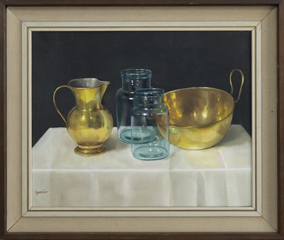 Lot 1 - STILL LIFE WITH JARS, AN OIL BY ANDRAS GOMBAR