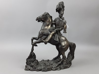 Lot 218 - A BRONZED RESIN FIGURE OF A CAVALRYMAN, ALONG WITH A KNIGHT AND SPITFIRE