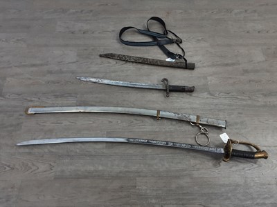 Lot 274 - A WWII PERIOD BAYONET AND A REPRODUCTION OFFICERS DRESS SWORD