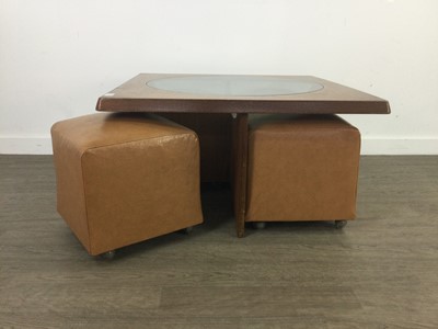 Lot 364 - A MID-CENTURY TEAK COFFEE TABLE AND FOUR OTTOMANS