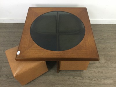 Lot 364 - A MID-CENTURY TEAK COFFEE TABLE AND FOUR OTTOMANS