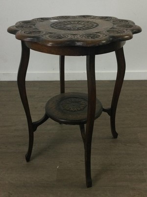 Lot 409 - AN OAK CARVED TWO TIER OCCASIONAL TABLE AND A TROLLEY