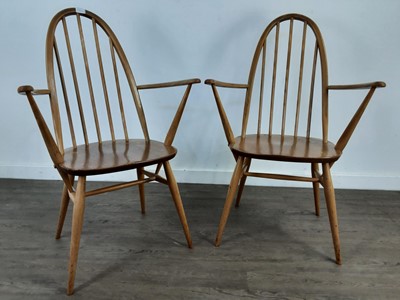 Lot 378 - A PAIR OF ERCOL HOOP AND SPINDLE BACK CARVERS AND A FURTHER PAIR OF CHAIRS
