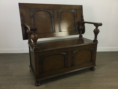Lot 246 - AN EARLY 20TH CENTURY OAK MONKS BENCH