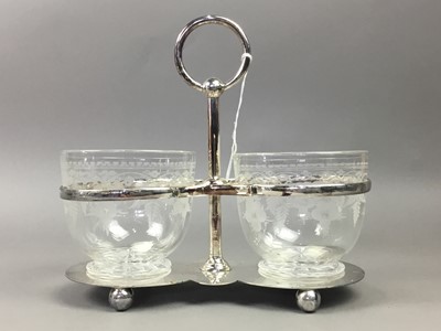 Lot 292 - AN EARLY 20TH CENTURY PLATED DOUBLE PRESERVE STAND WITH GLASS BOWLS AND OTHER ITEMS