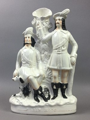 Lot 343 - TWO STAFFORDSHIRE FIGURES, ANOTHER FIGURE AND A TRAY