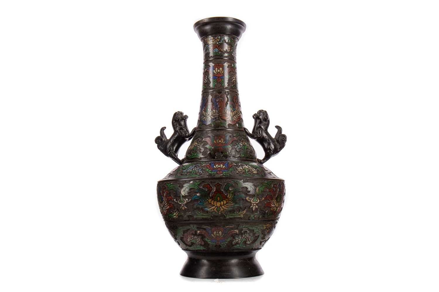 Lot 1106 - A CHINESE ENAMELLED BRONZE TWIN HANDLED VASE