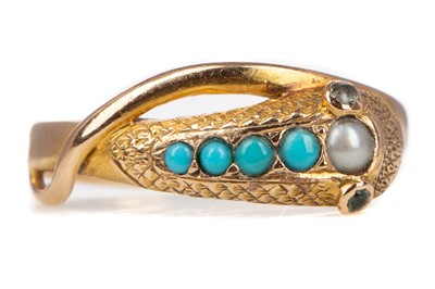 Lot 700 - A VICTORIAN TURQUOISE AND PEARL SERPENT RING