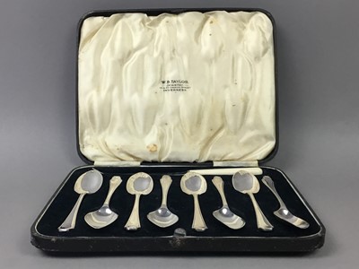 Lot 423 - A SILVER PLATED CRUET SET, SPOONS AND TWO CANDLESTICKS