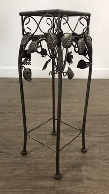 Lot 446 - A METAL PEDESTAL, A MODERN CANDLE HOLDER AND A LANTERN