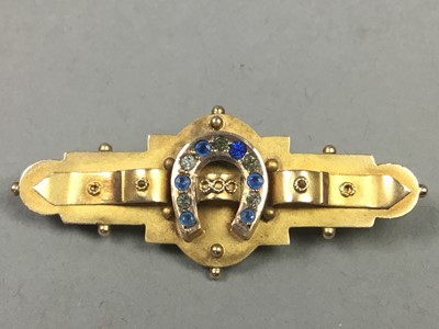 Lot 477 - A NINE CARAT GOLD BAR BROOCH AND A PAIR OF YELLOW METAL GEM SET EARRINGS