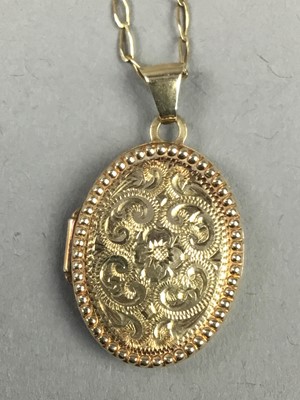 Lot 482 - A NINE CARAT GOLD LOCKET WITH CHAIN, A SCOTTISH BROOCH AND A GOLD EARRING